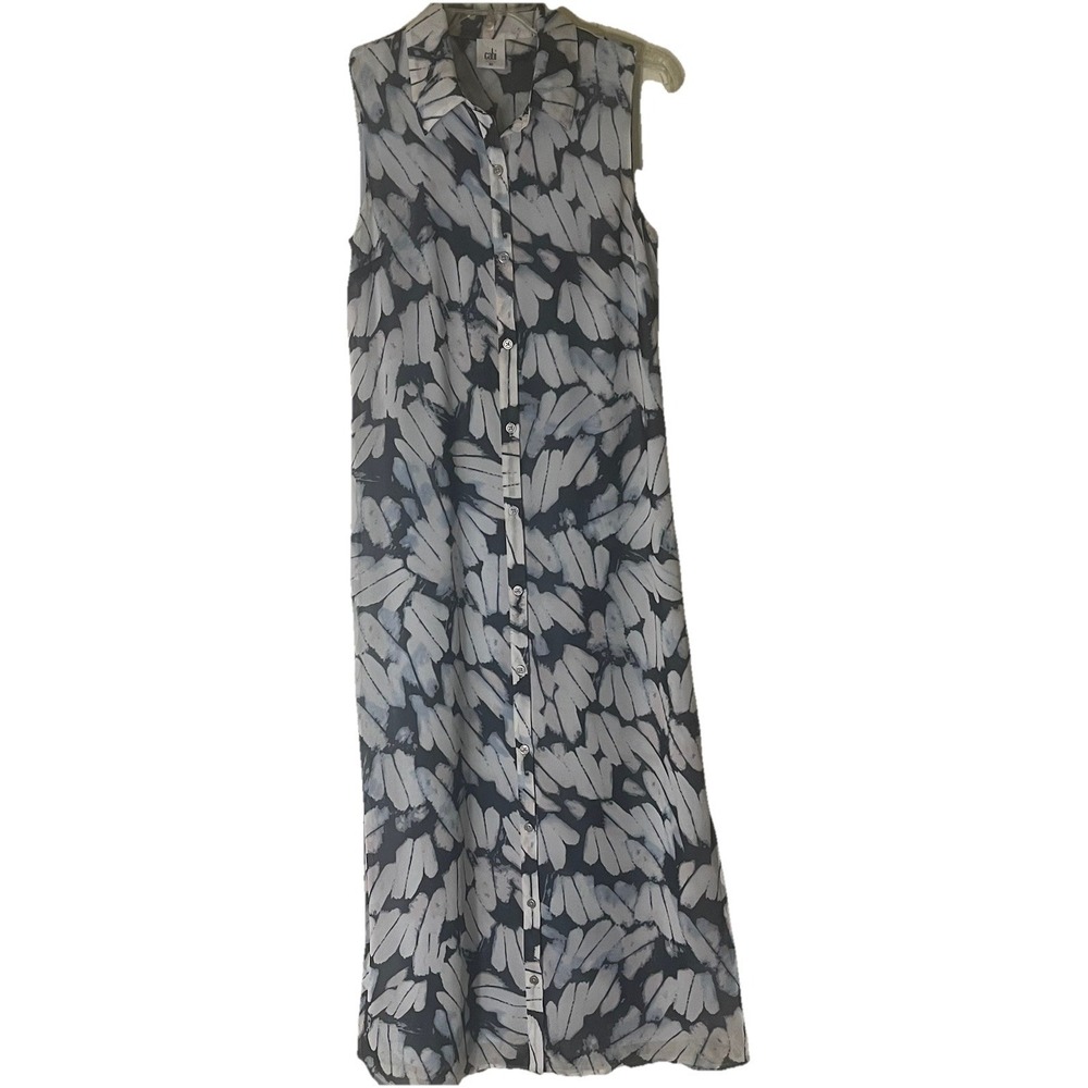 CABI Button Front Maxi Dress XS Blue White Sleeveless Lined Side Slits